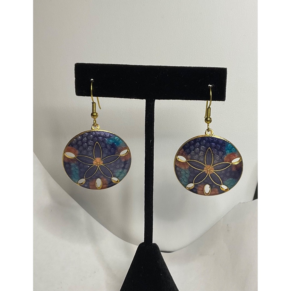 CLOISONNE' ENAMEL Gold-Tone Dangle STAR PIERCED HOOK EARRINGS